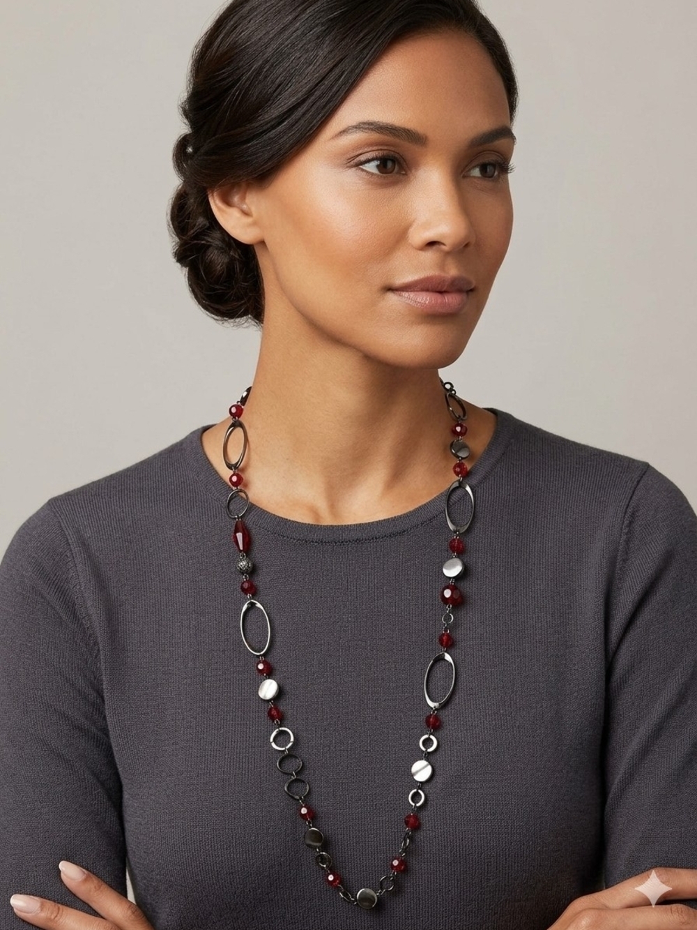 Artisan Red Bead and Gunmetal Oval-Link Necklace